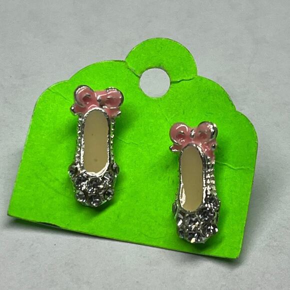 Pair of Beautiful Ballet/ Flat Slip on Shoes Earrings. Pink Bows. Faux Diamond. - Picture 2 of 4